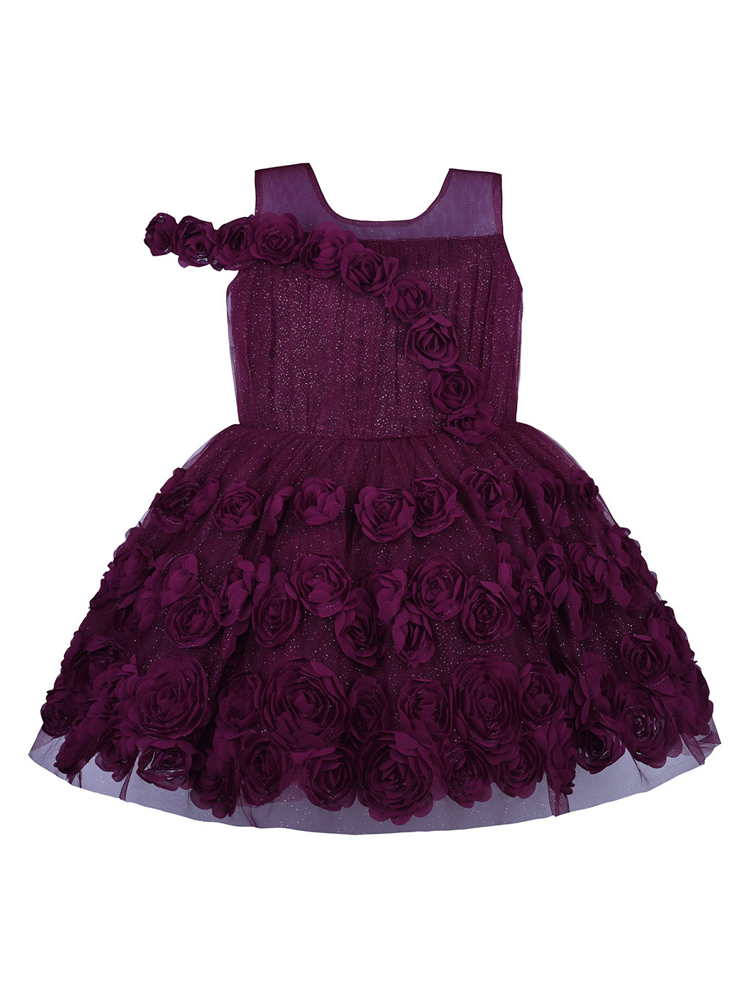 

Wish Karo Girls Self Design Round Neck Sleeveless Embellished Net Fit & Flare Dress, Purple