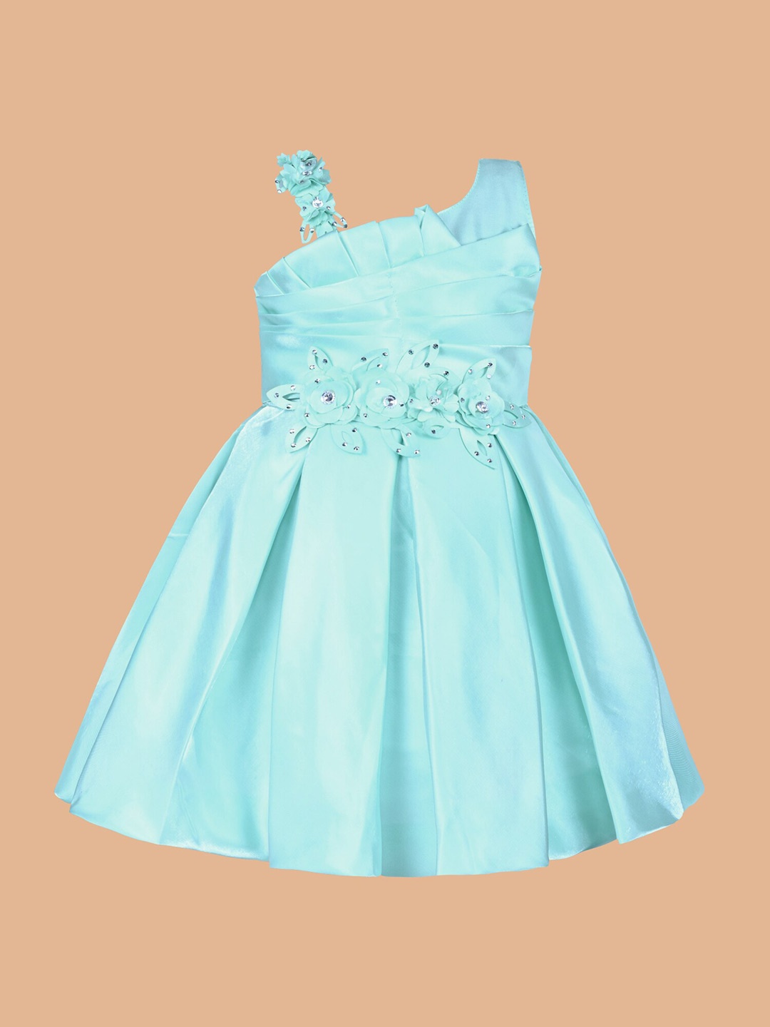 

Wish Karo Girls Asymmetric Neck Satin Fit and Flare Dress, Green