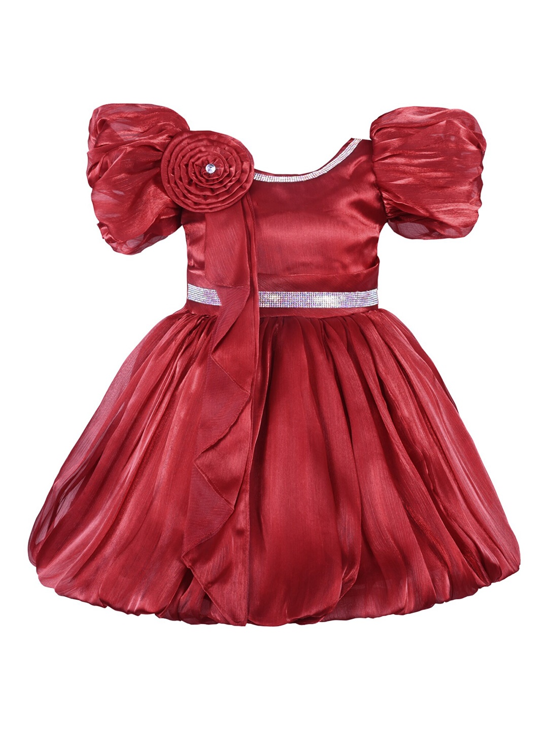 

Wish Karo Girls Embellished Puffed Sleeves Silk Satin Fit & Flare Dress, Red