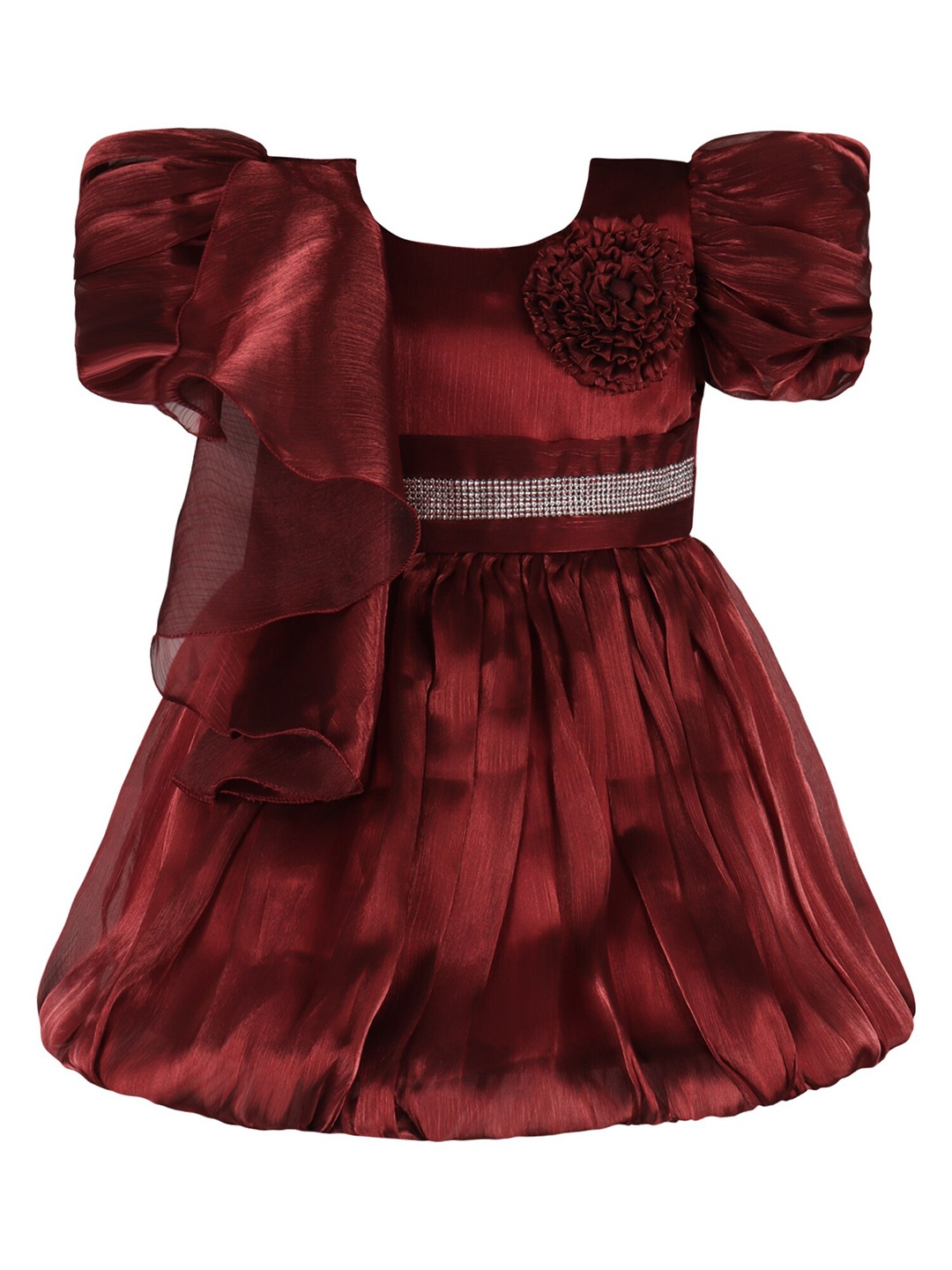 

Wish Karo Girls Round Neck Puff Sleeve Embellished Silk Fit & Flare Dress, Maroon