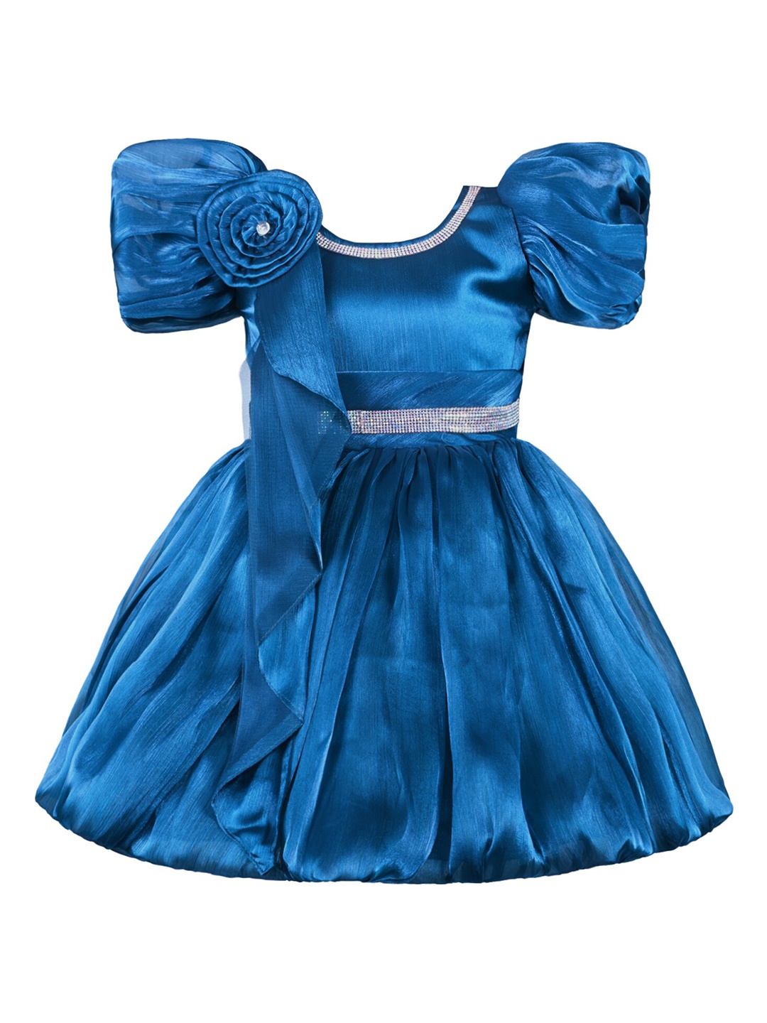 

Wish Karo Girls Puff Sleeve Satin Bow Tie Up Fit & Flare Dress, Blue