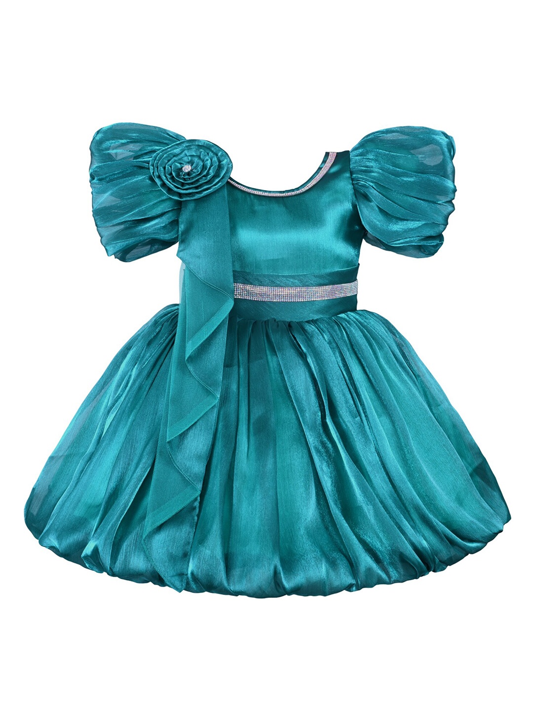 

Wish Karo Girls Puff Sleeve Satin Bow Tie Up Fit & Flare Dress, Green