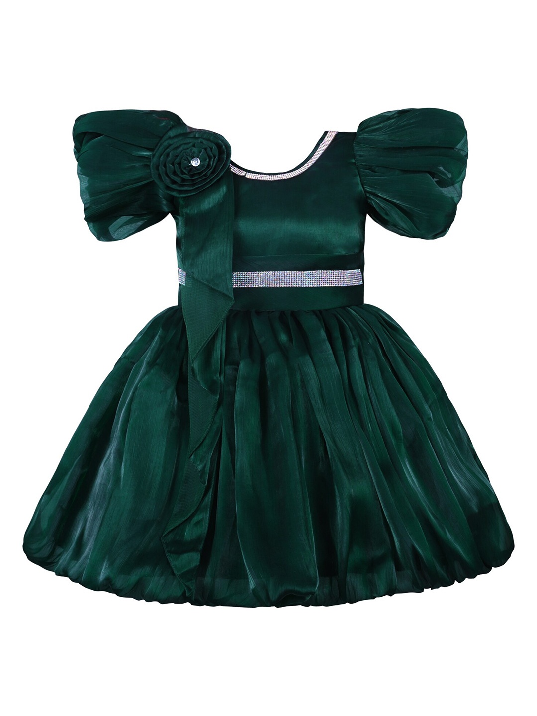 

Wish Karo Girls Corsage Puff Sleeve Satin Fit & Flare Dress, Green