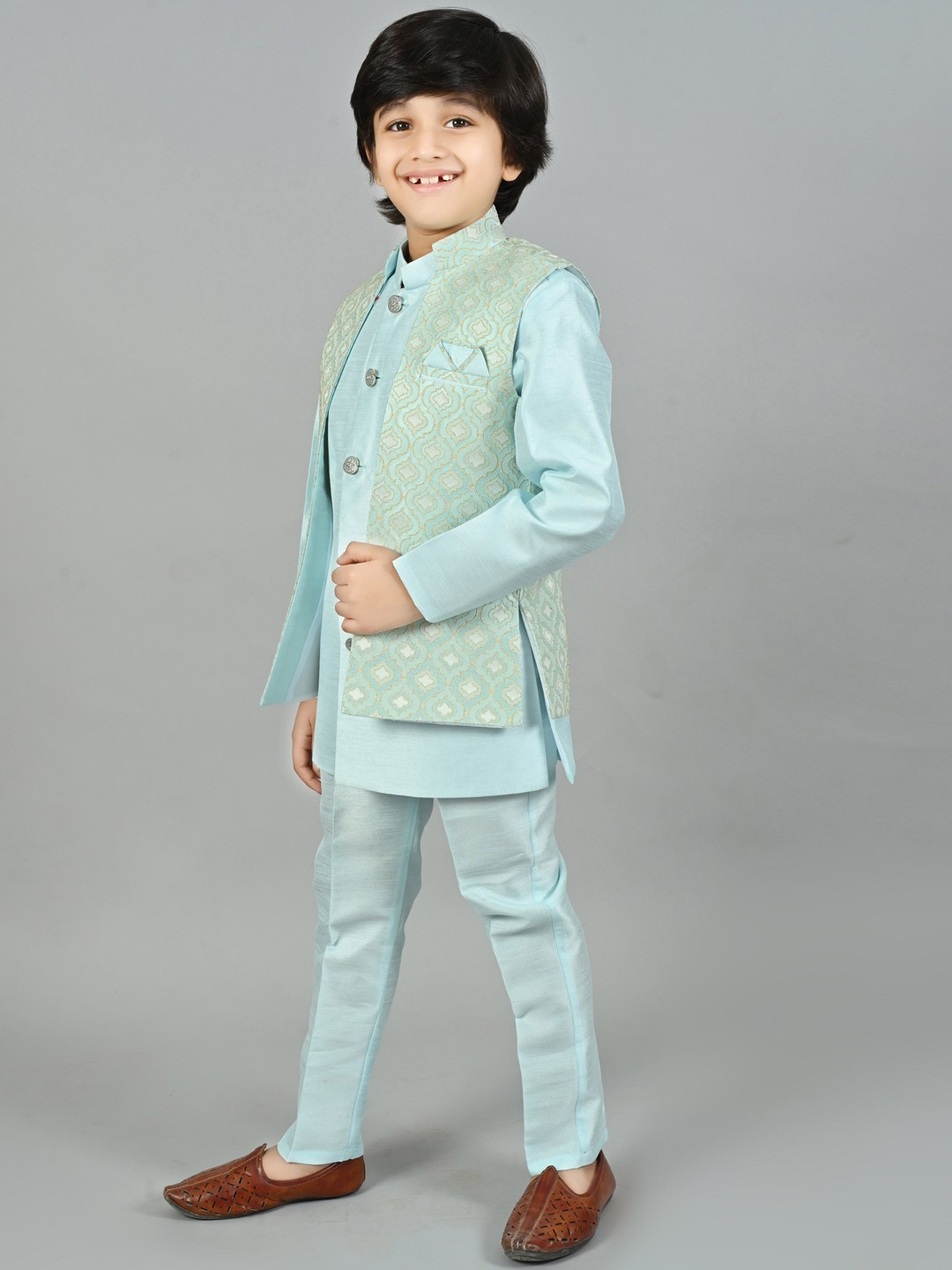 

ahhaaaa Boys Mandarin Collar Regular Kurta With Pyjamas & Nehru Jacket, Turquoise blue