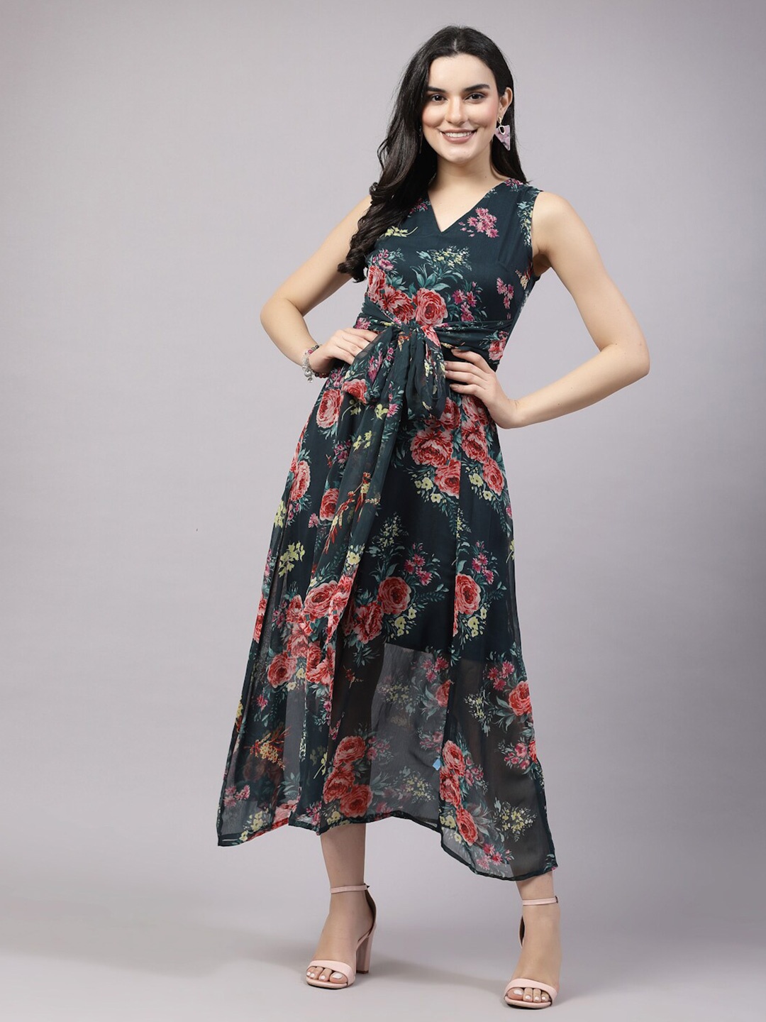 

plusS Floral Printed V-Neck Fit & Flare Dress, Green