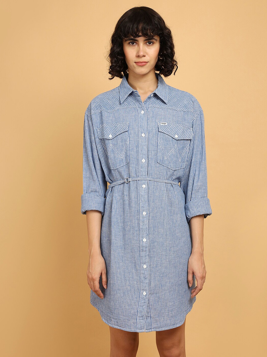 

Wrangler Striped Shirt Collar Cuffed Sleeves Tie Up Shirt Dress, Blue