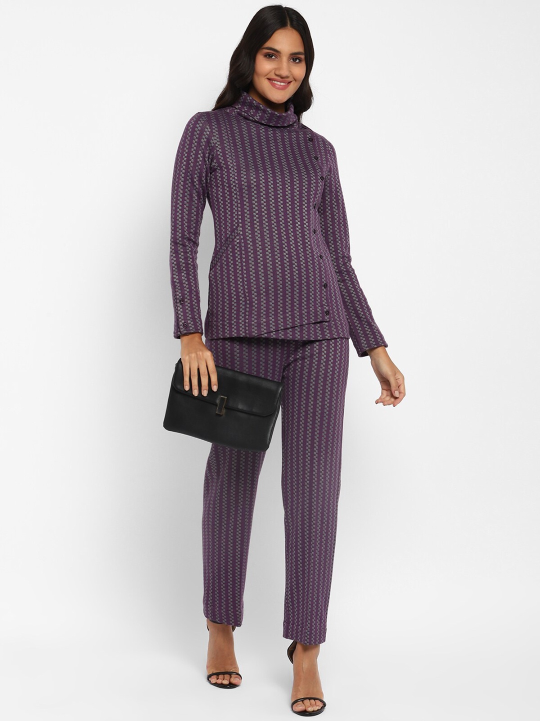 

STADO Vertical Striped High Neck Top With Trousers Co-Ords, Purple