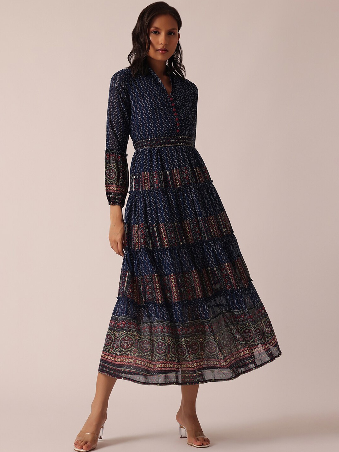 

KALKI Fashion Ethnic Motifs Print Puff Sleeves Fit and Flare Midi Ethnic Dress With Belt, Blue