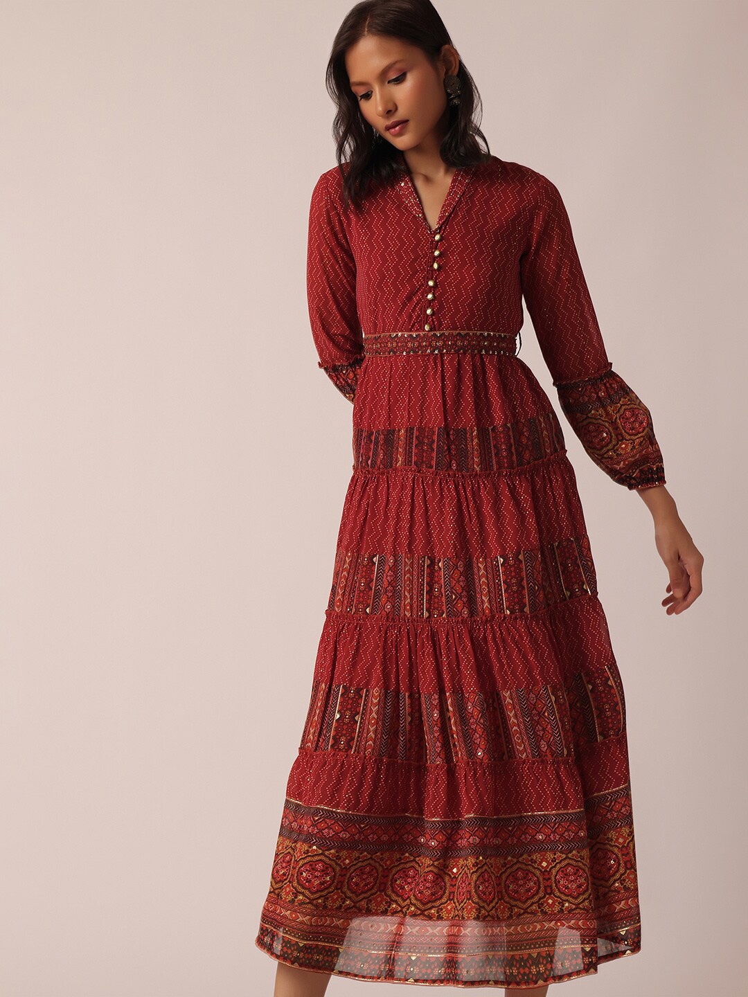 

KALKI Fashion Ethnic Motifs Print Puff Sleeves Fit and Flare Midi Ethnic Dress With Belt, Red