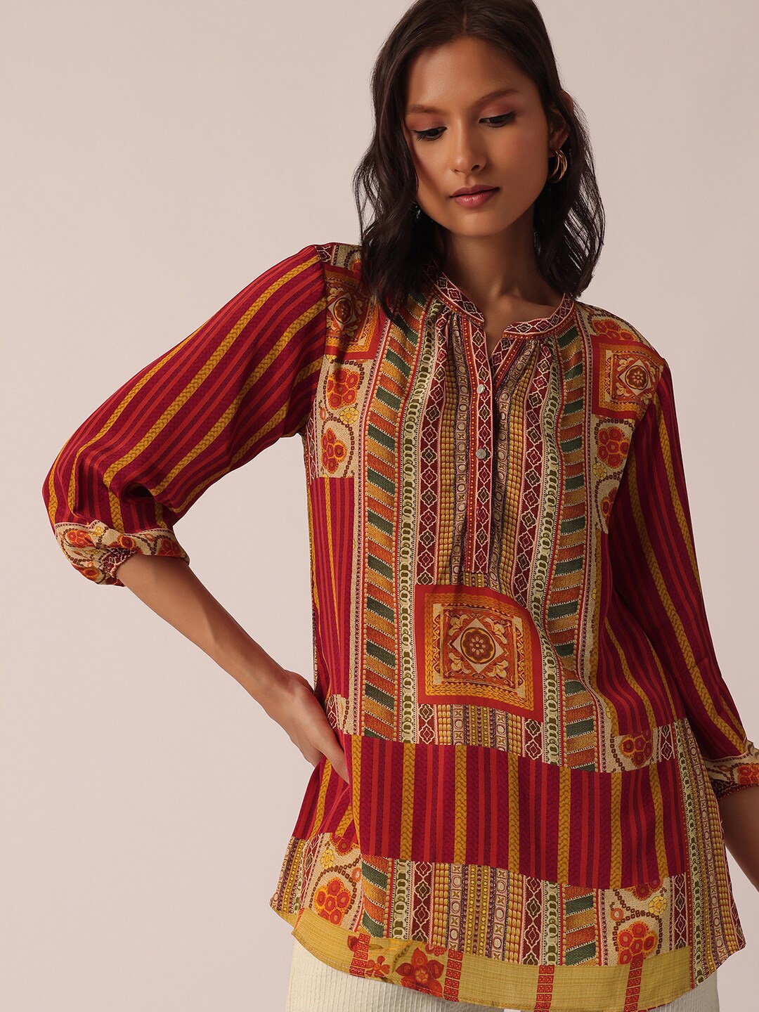 

KALKI Fashion Ethnic Motifs Printed Mandarin Collar Puff Sleeves A-Line Kurti, Red