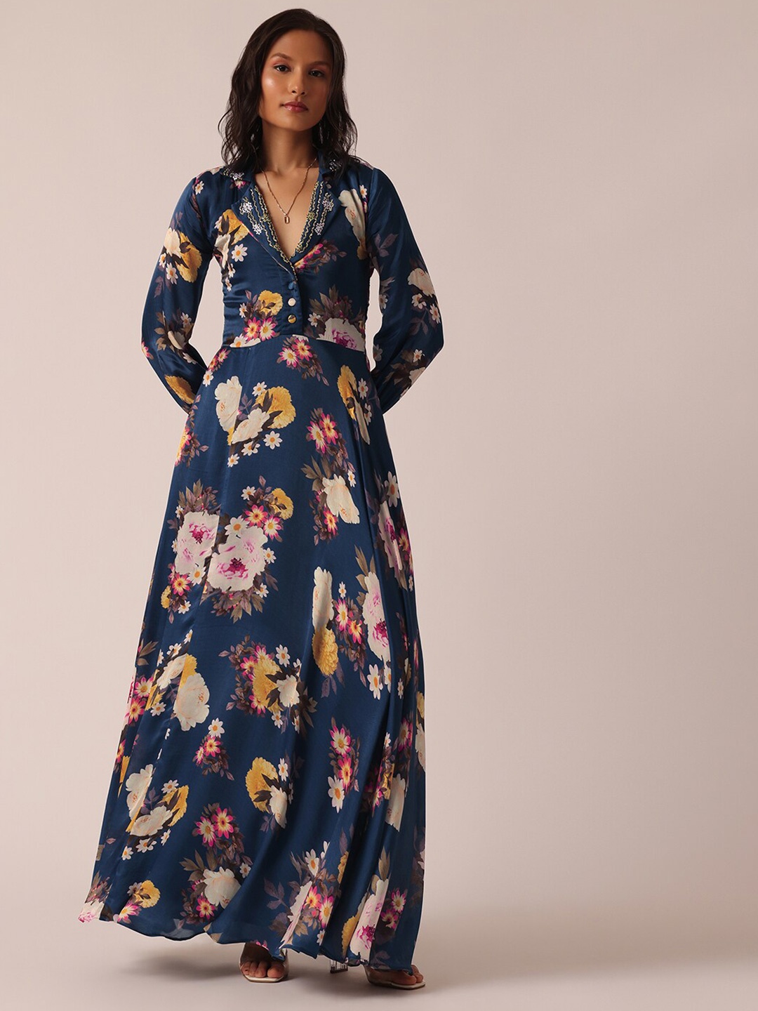

KALKI Fashion Floral Print Sequined Puff Sleeve Gown Dress, Blue