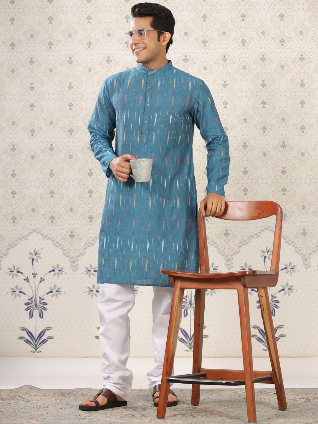 

Ode by House of Pataudi Ethnic Motifs Printed Band Collar Cotton Kurta, Blue