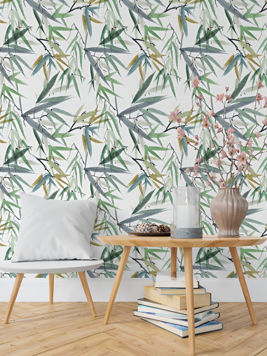 

DWELLSINDIA White & Green Bamboo Leaves Self-Adhesive Wall Grain Textured Wallpaper