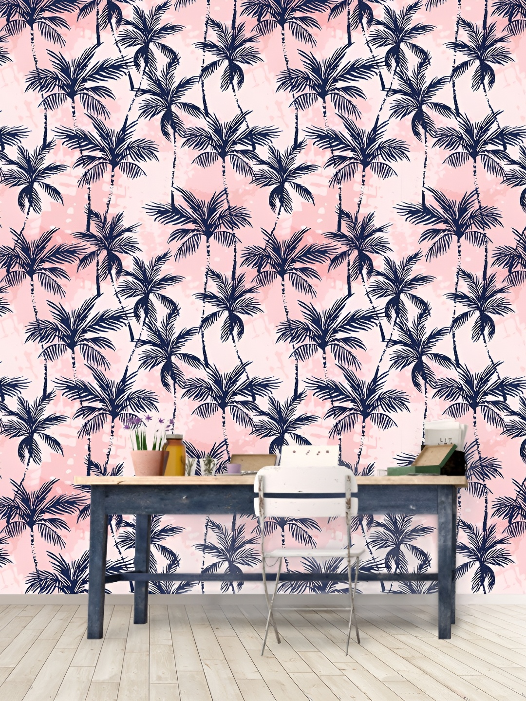 

DWELLSINDIA Pink & Blue Date Leaves Self-Adhesive Wall Grain Textured Wallpaper