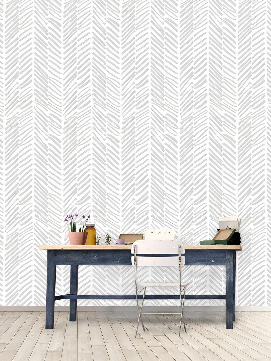 

DWELLSINDIA White & Grey Geometric Self-Adhesive Wall Grain Textured Wallpaper