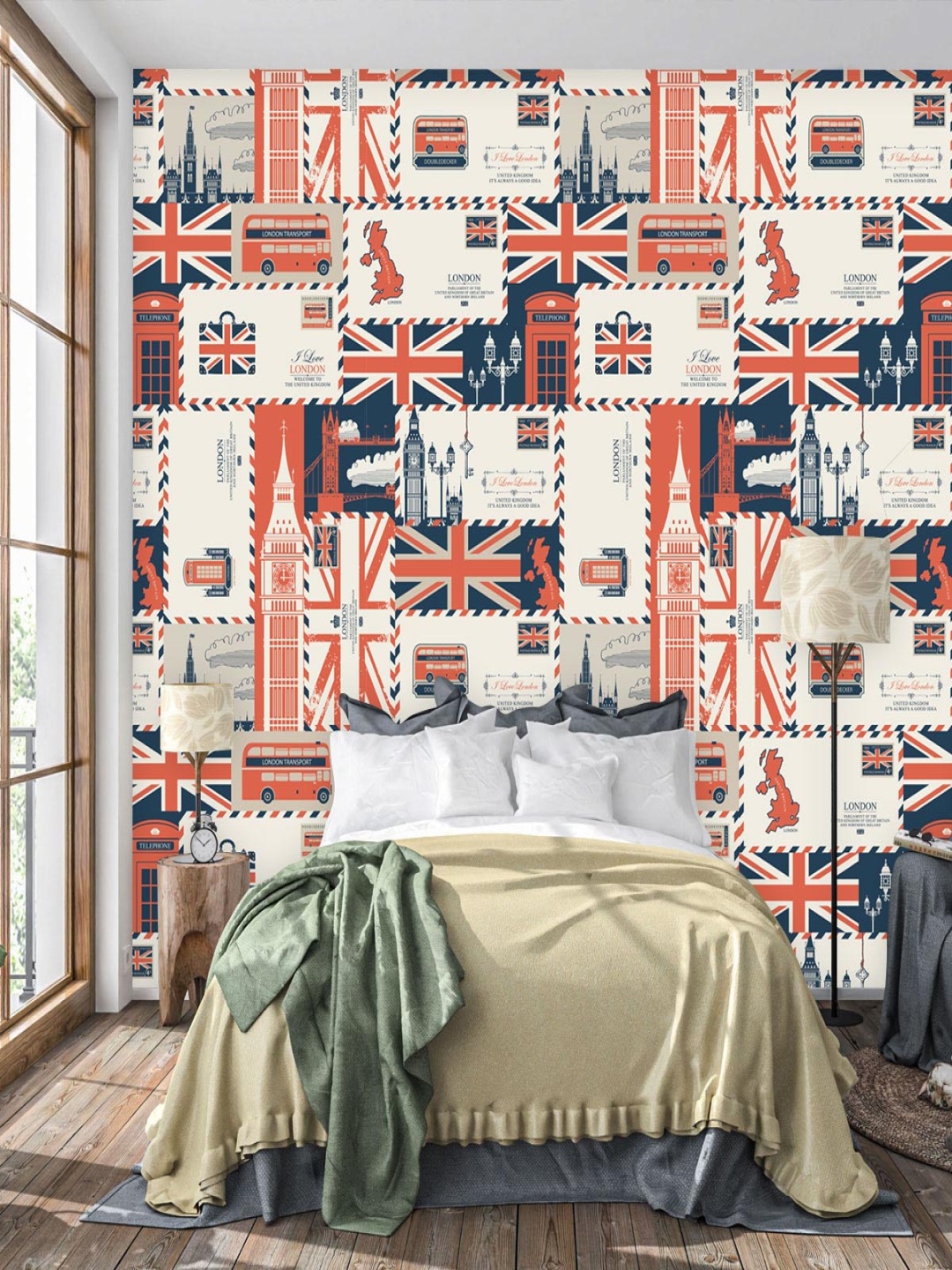 

DWELLSINDIA White & Red London Stamp Self-Adhesive Wall Grain Textured Wallpaper