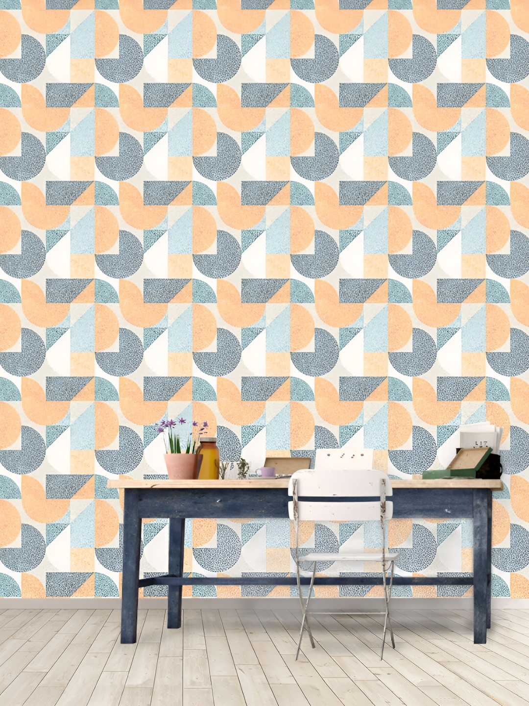 

DWELLSINDIA Grey & Blue Triangel Self-Adhesive Wall Grain Textured Wallpaper