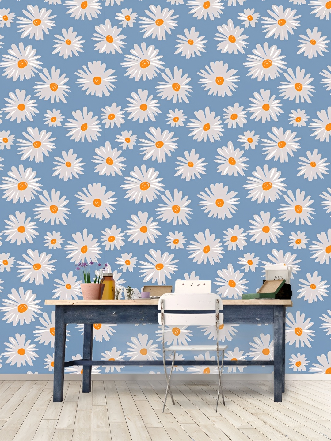 

DWELLSINDIA White & Blue Floral Self-Adhesive Wall Grain Textured Wallpaper