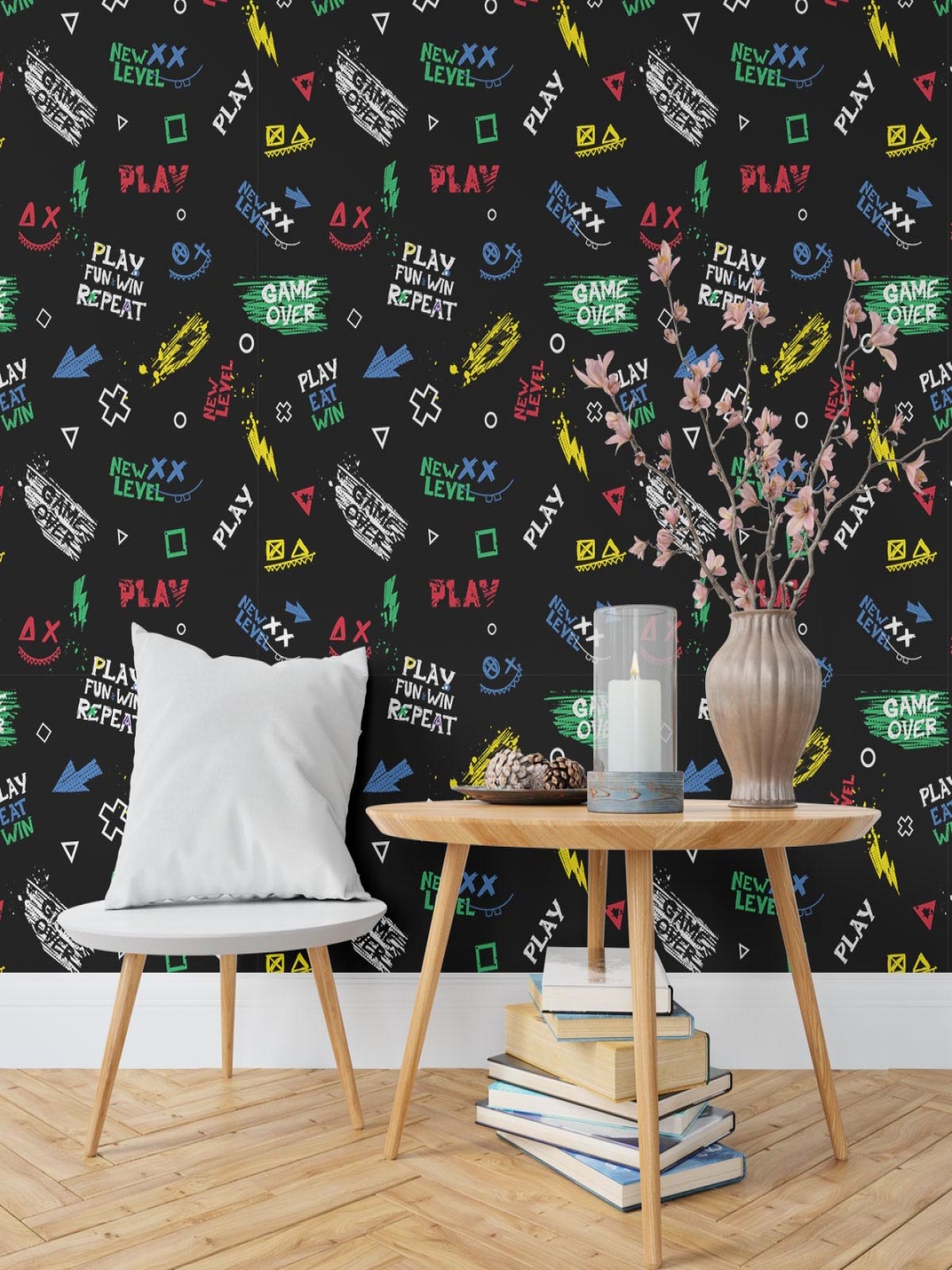 

DWELLSINDIA Black & White Play EAT Win Self-Adhesive Wall Grain Textured Wallpaper