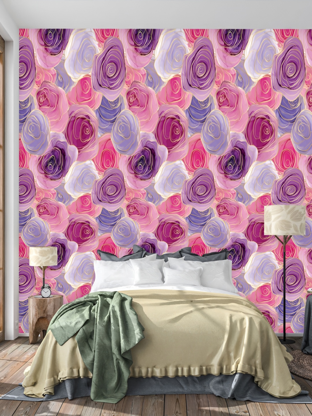 

DWELLSINDIA Pink & Purple Rose Printed Self-Adhesive Wall Grain Textured Wallpaper