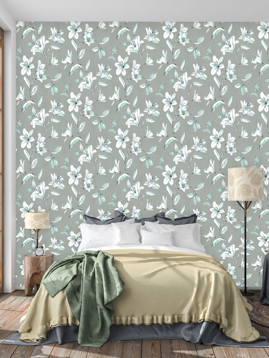 

DWELLSINDIA Grey & White Flower Printed Self-Adhesive Wall Grain Textured Wallpaper