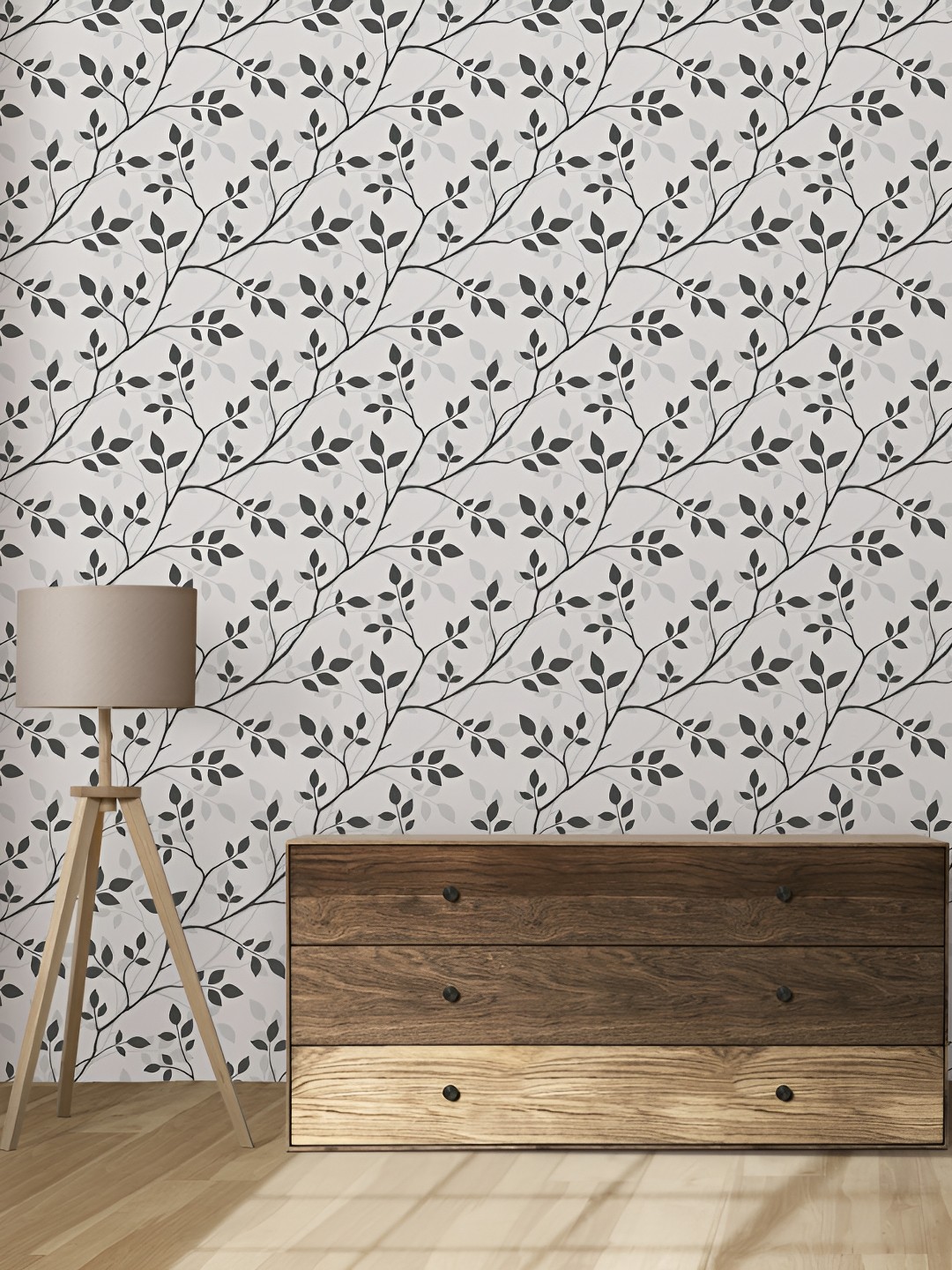 

DWELLSINDIA Grey & Black Leaves Printed Self Adhesive Waterproof Removable Wallpaper