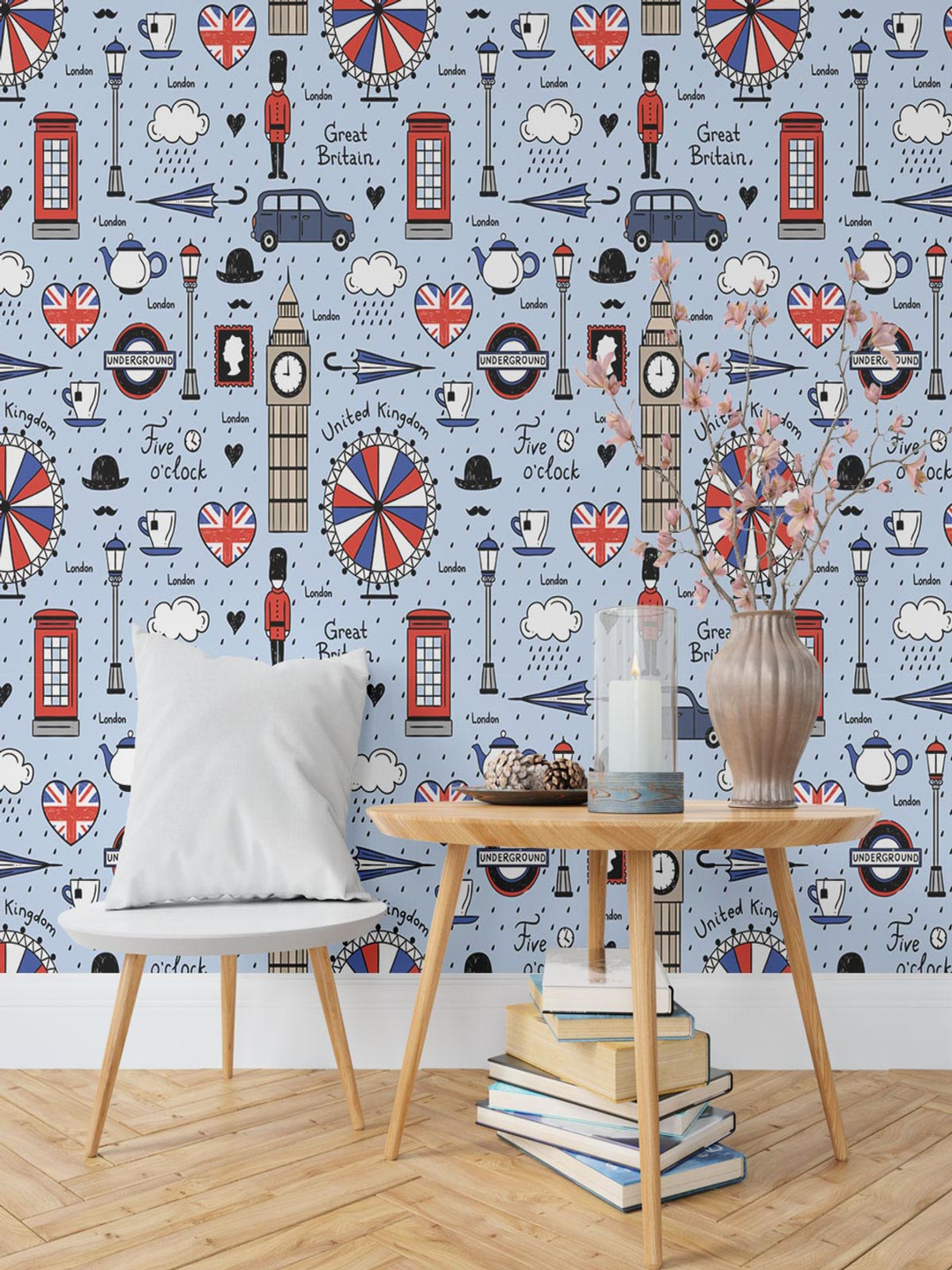 

DWELLSINDIA Yellow & Red Printed Waterproof Wallpaper, Blue