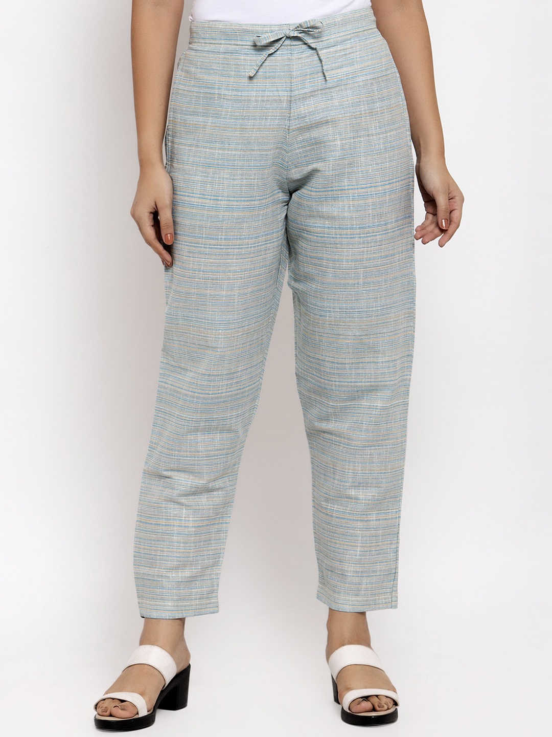 

Enchanted Drapes Women Striped Relaxed Pure Cotton Cropped Trousers, Grey