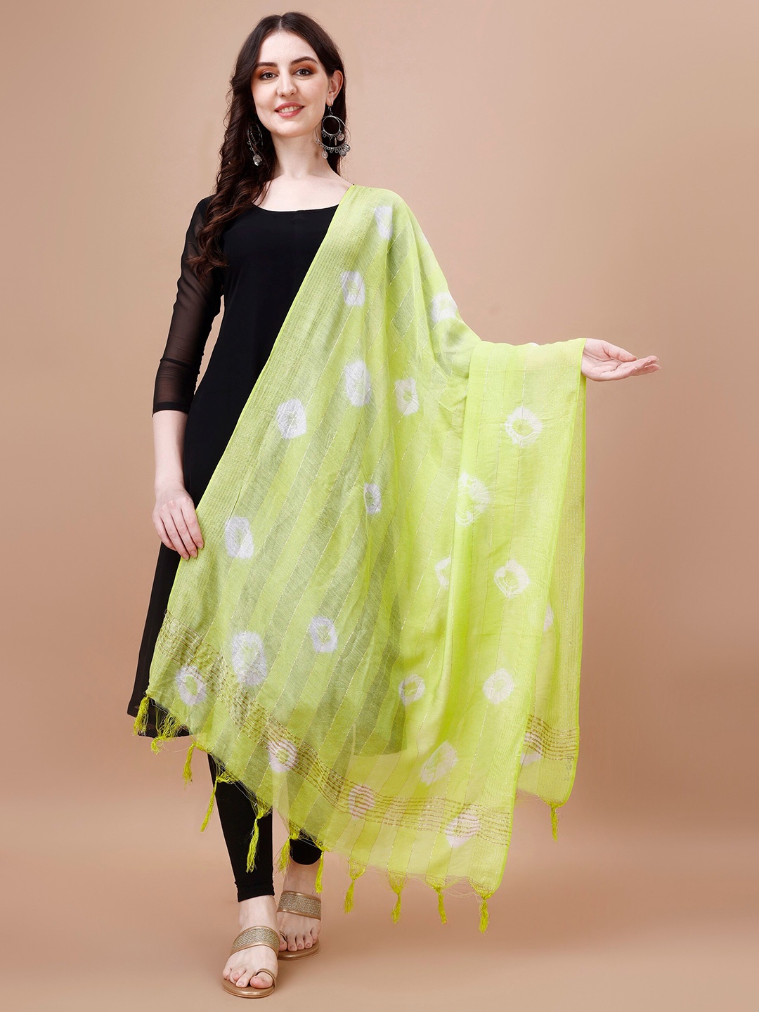 

CANIZZARO Bandhani Dyed Tie and Dye Cotton Dupatta, Lime green