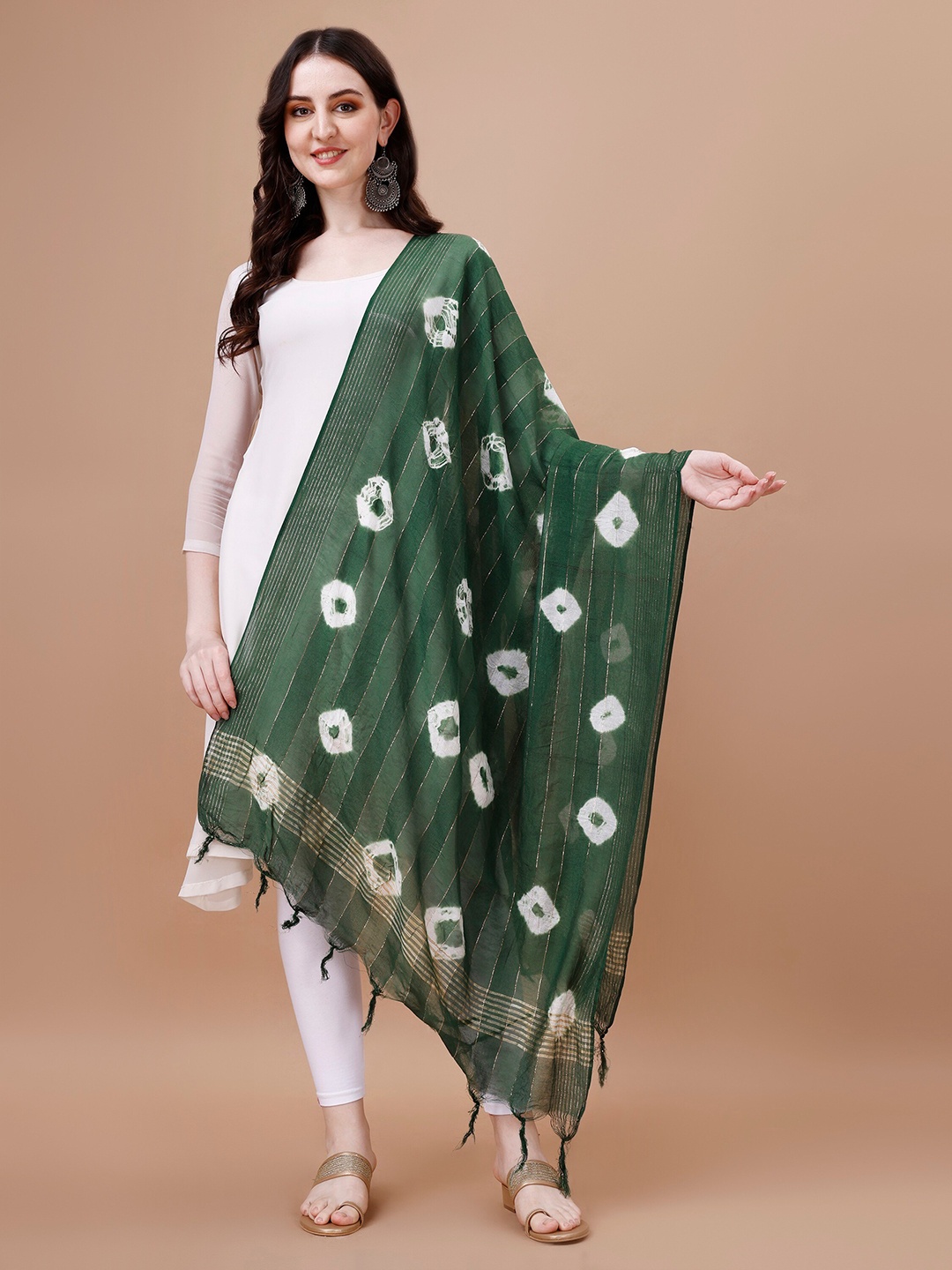 

CANIZZARO Ethnic Motifs Dyed Tie and Dye Cotton Dupatta, Green