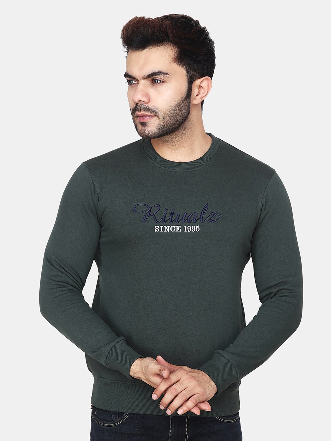 

Steele Typography Printed Long Sleeves Wool & Cotton Pullover Sweatshirt, Green