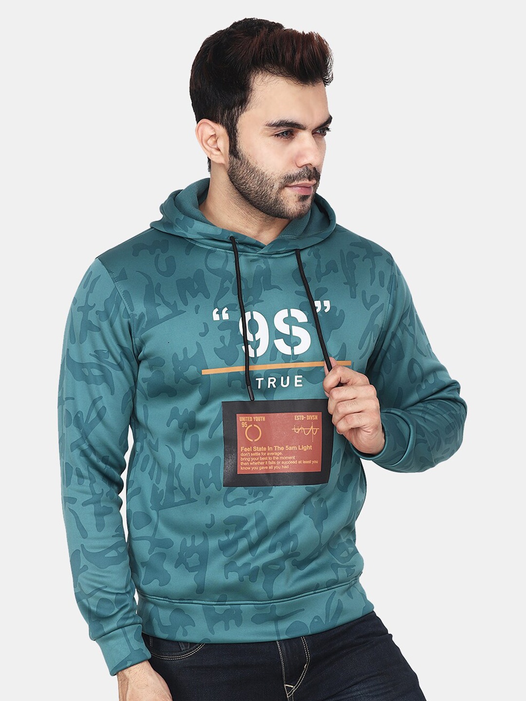 

Steele Typography Printed Hooded Neck Long Sleeves Wool & Cotton Pullover Sweatshirt, Green