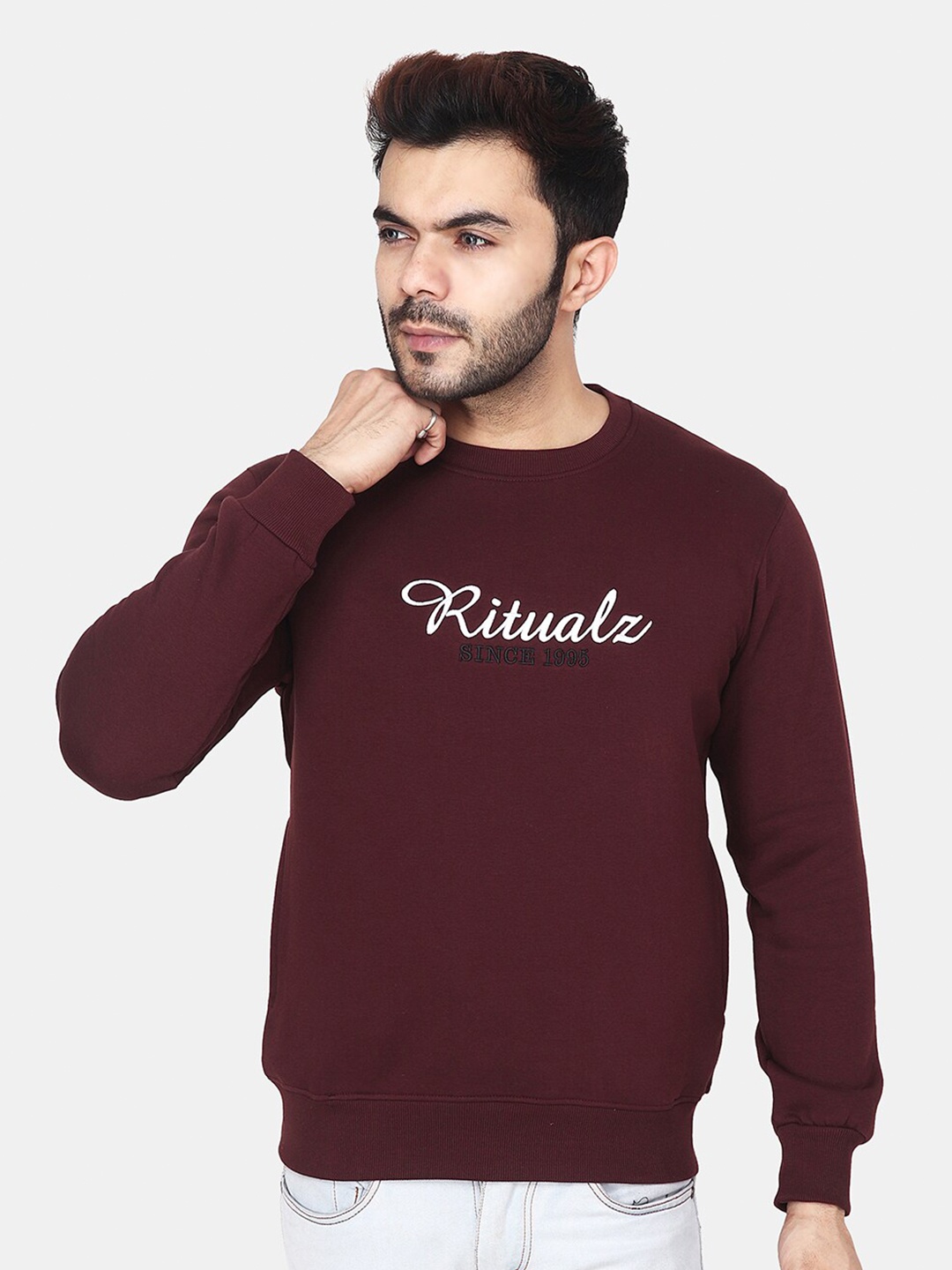 

Steele Typography Printed Long Sleeves Wool & Cotton Pullover Sweatshirt, Red