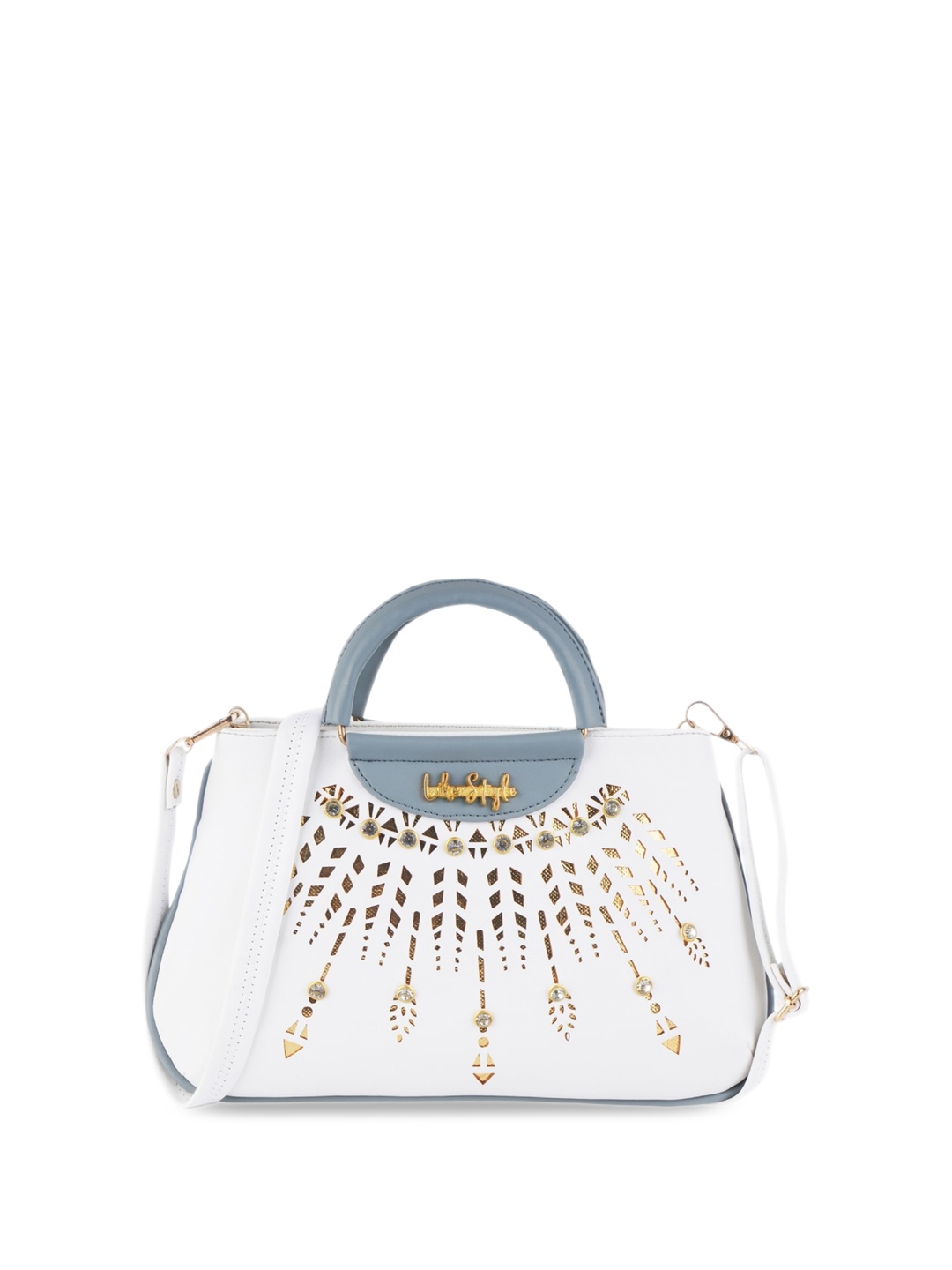 

LIKE STYLE Embellished Cut Work Detailed Structured Handheld Bag, White