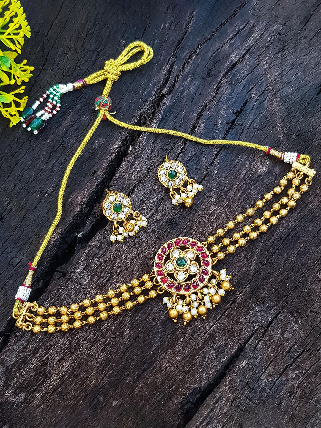 

GRIIHAM Stone-Studded & Beaded Jewellery Set, Gold