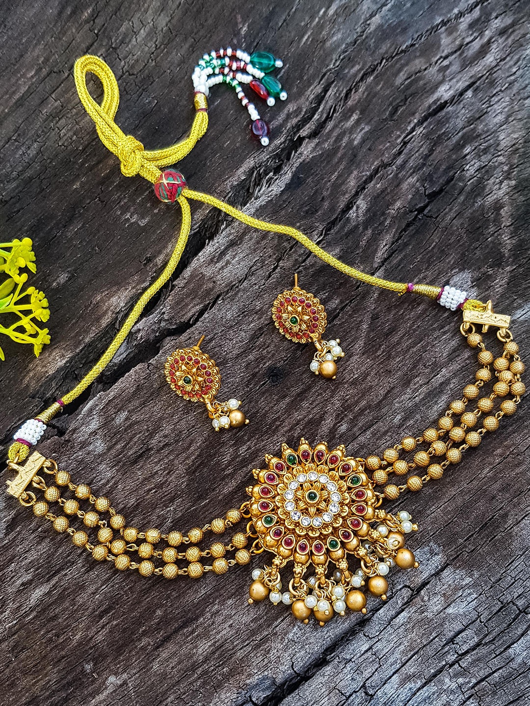 

GRIIHAM Gold-Plated AD Studded & Pearls Beaded Jewellery Set