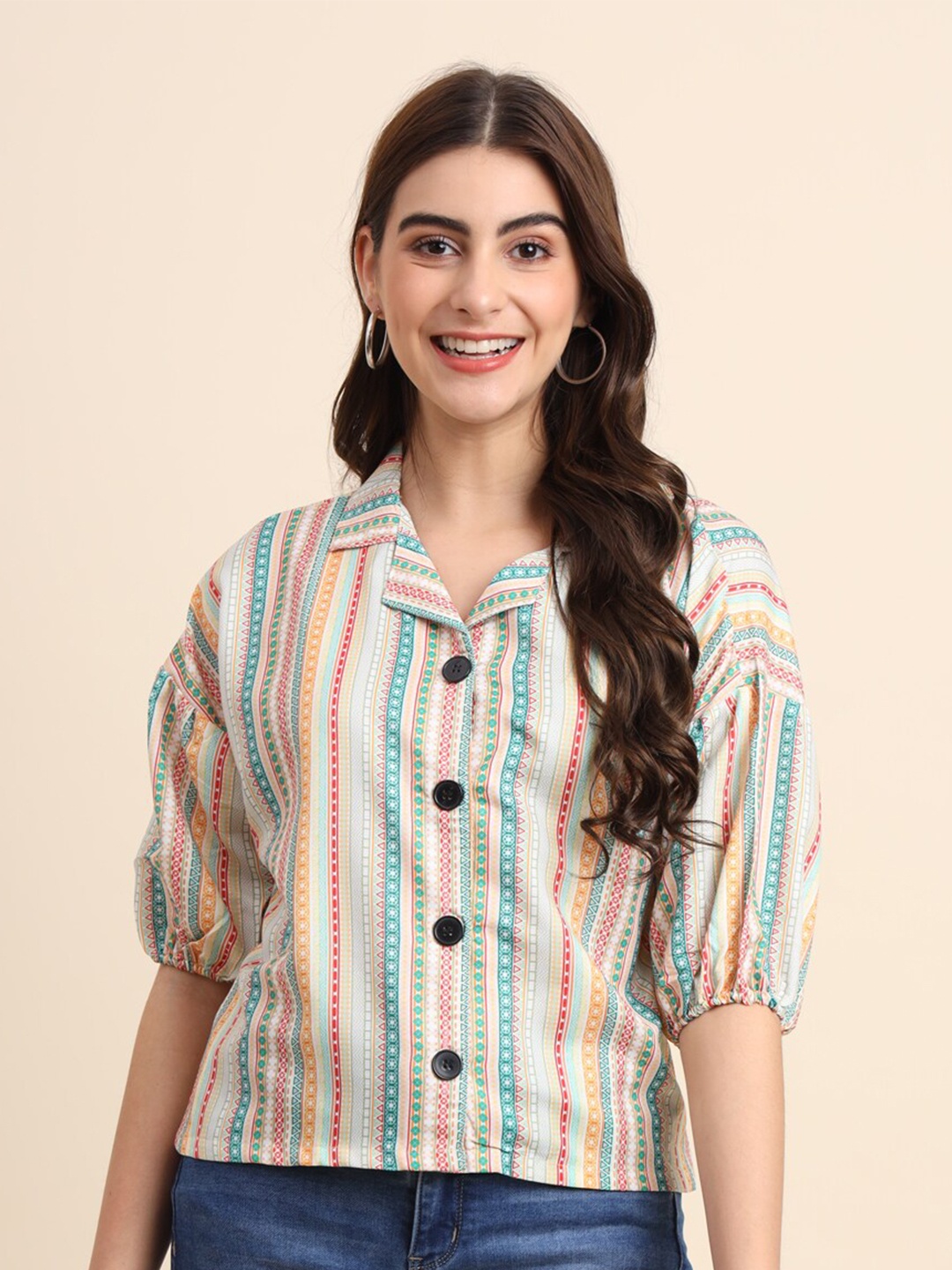 

VAIRAGEE Classic Multi Striped Cuban Collar Casual Shirt, Beige