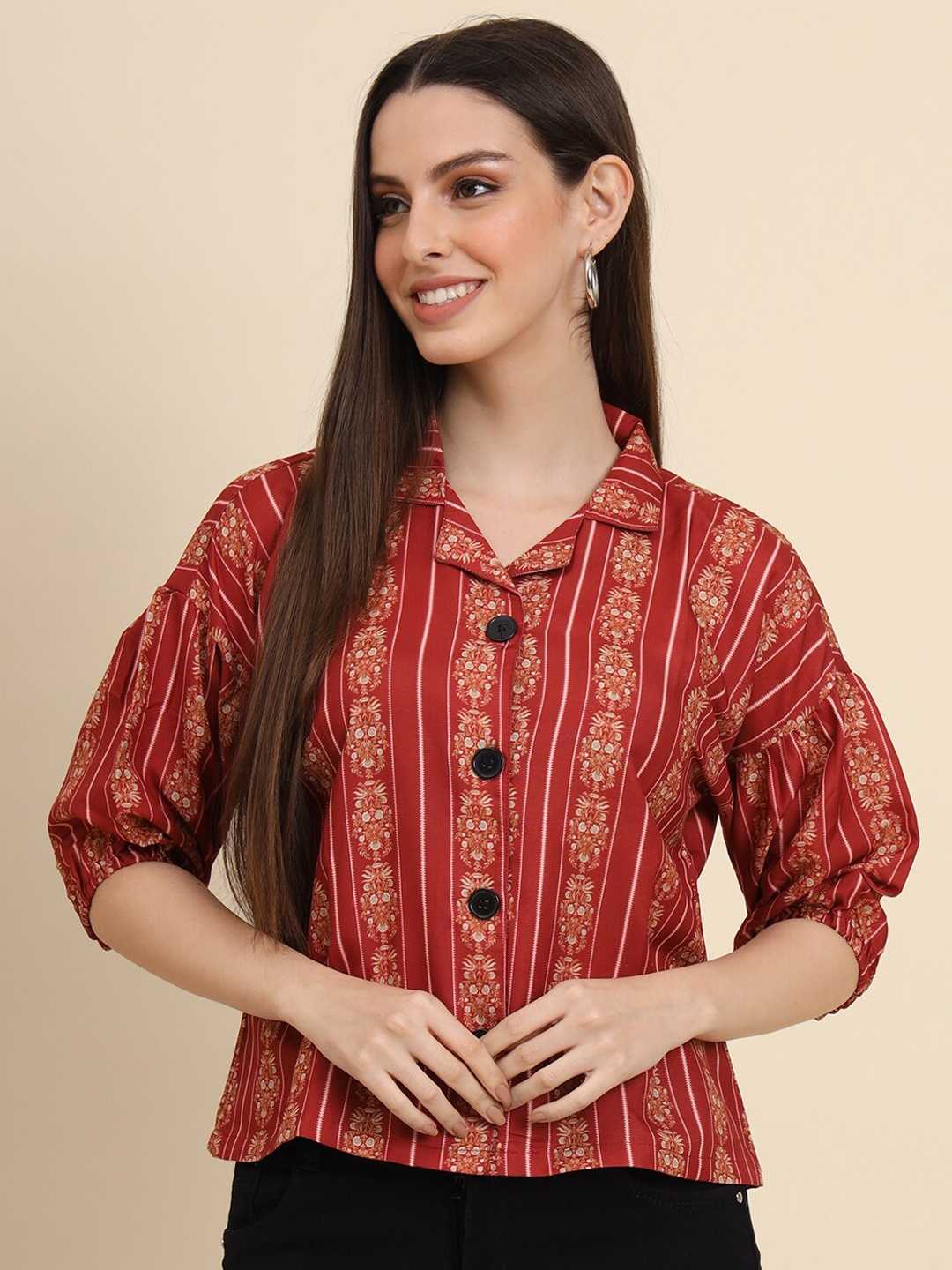 

VAIRAGEE Classic Ethnic Motifs Printed Cuban Collar Cotton Casual Shirt, Red