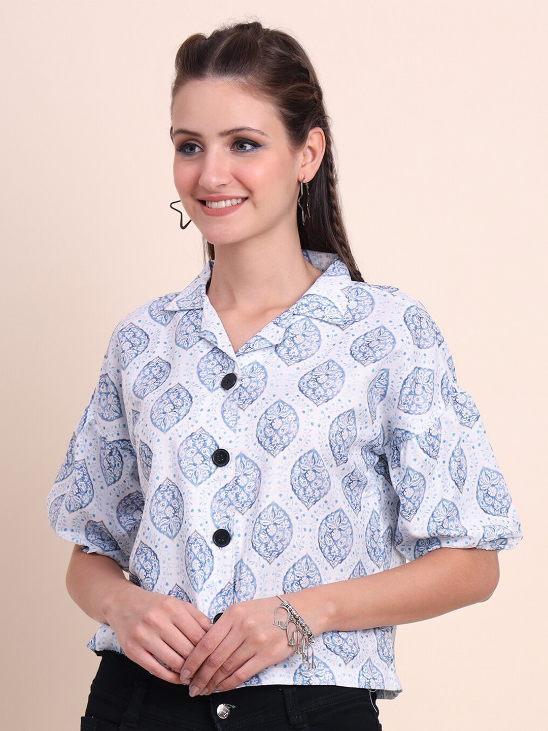 

VAIRAGEE Classic Ethnic Motifs Printed Cuban Collar Casual Shirt, White