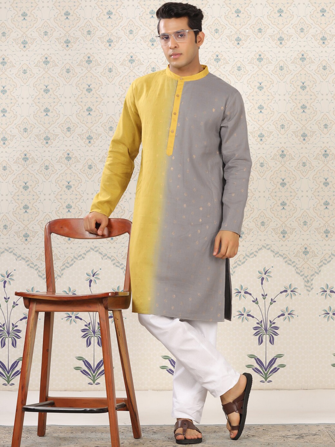 

Ode by House of Pataudi Ombre Dyed Long Sleeves Straight Cotton Kurta, Mustard