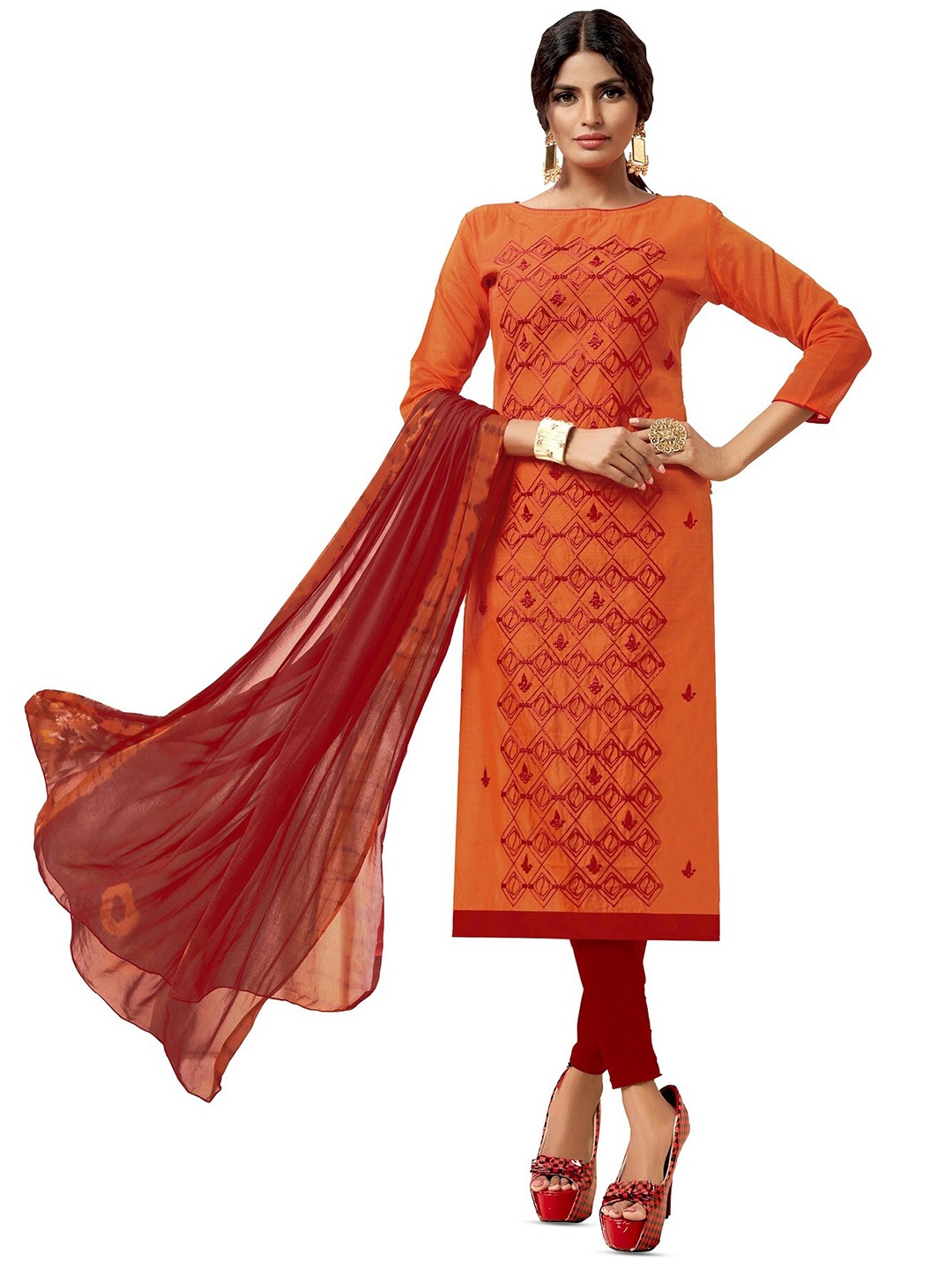 

MANVAA Ethnic Motifs Embroidered Unstitched Dress Material, Orange