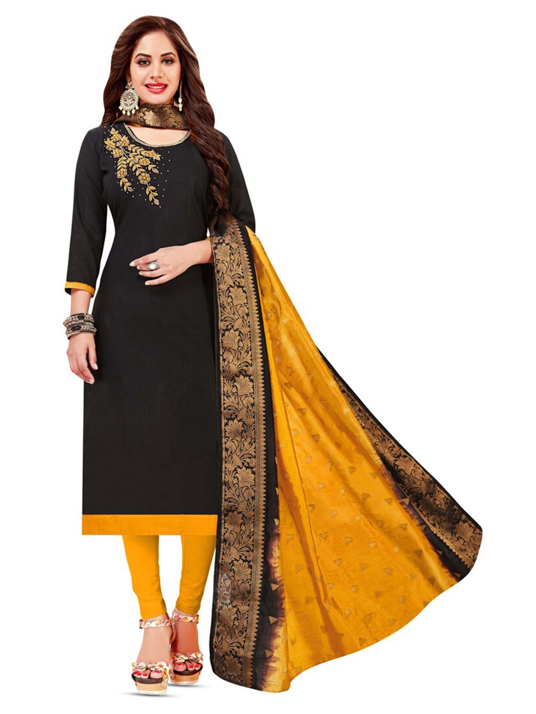 

MANVAA Floral Embroidered Thread Work Slub Cotton Unstitched Dress Material, Black