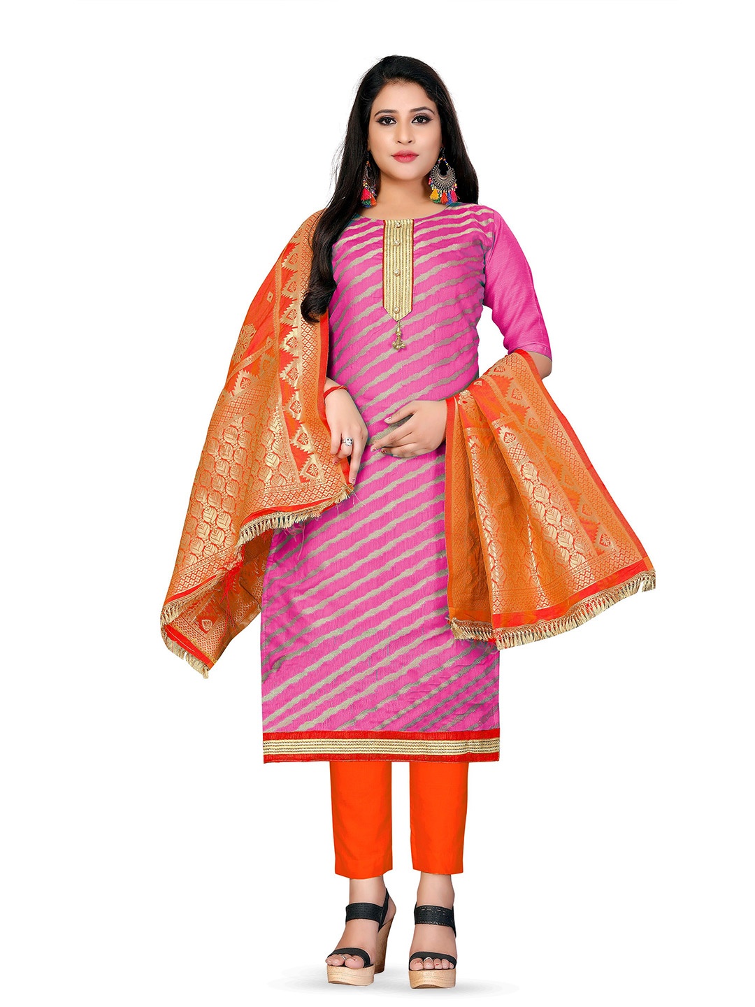 

MANVAA Woven Design Unstitched Dress Material, Pink