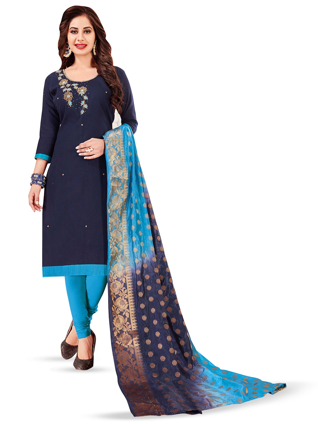 

MANVAA Floral Embroidered Zari Unstitched Dress Material, Navy blue