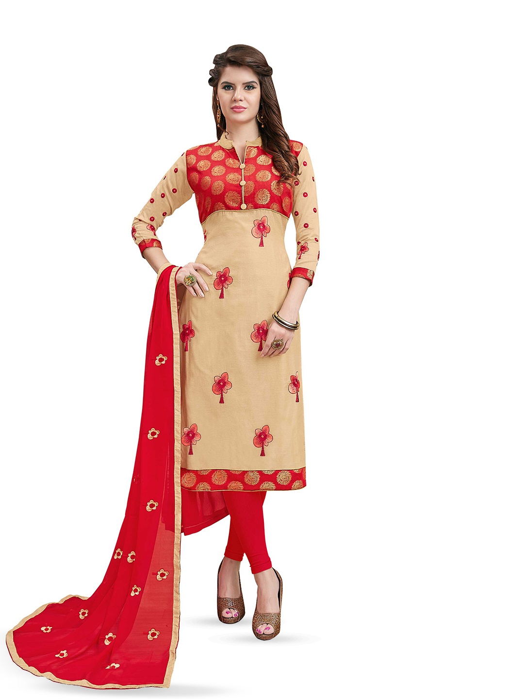 

MANVAA Floral Embroidered Unstitched Dress Material, Beige