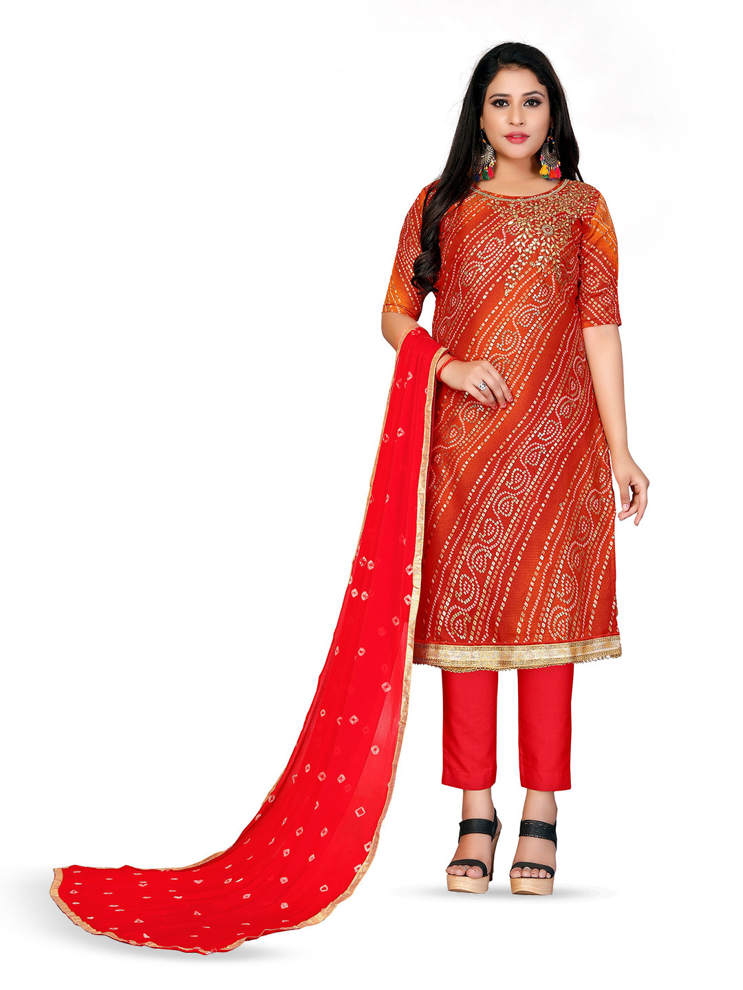 

MANVAA Bandhani Printed Unstitched Dress Material, Red