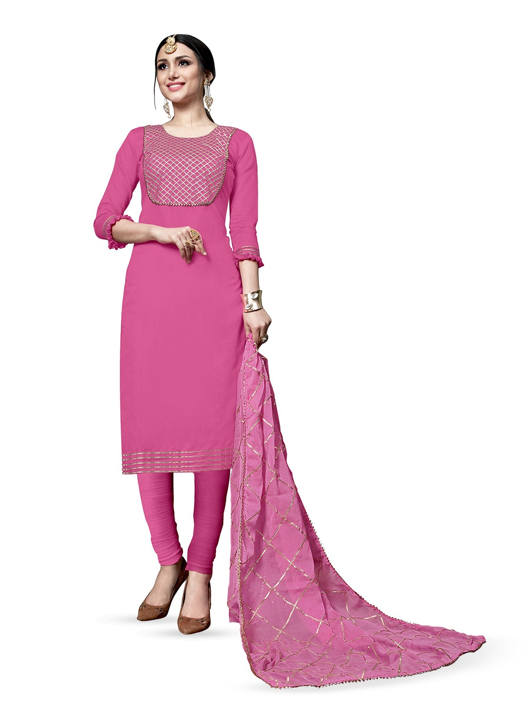 

MANVAA Geometric Embroidered Gotta Patti Pure Cotton Unstitched Dress Material, Pink