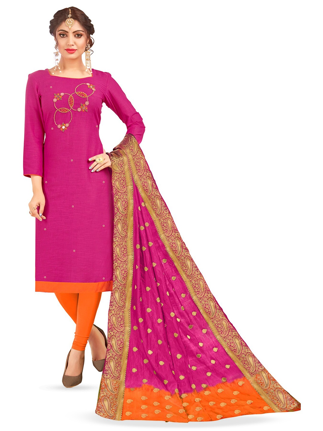 

MANVAA Ethnic Motifs Embellished Beads and Stones Unstitched Dress Material, Pink