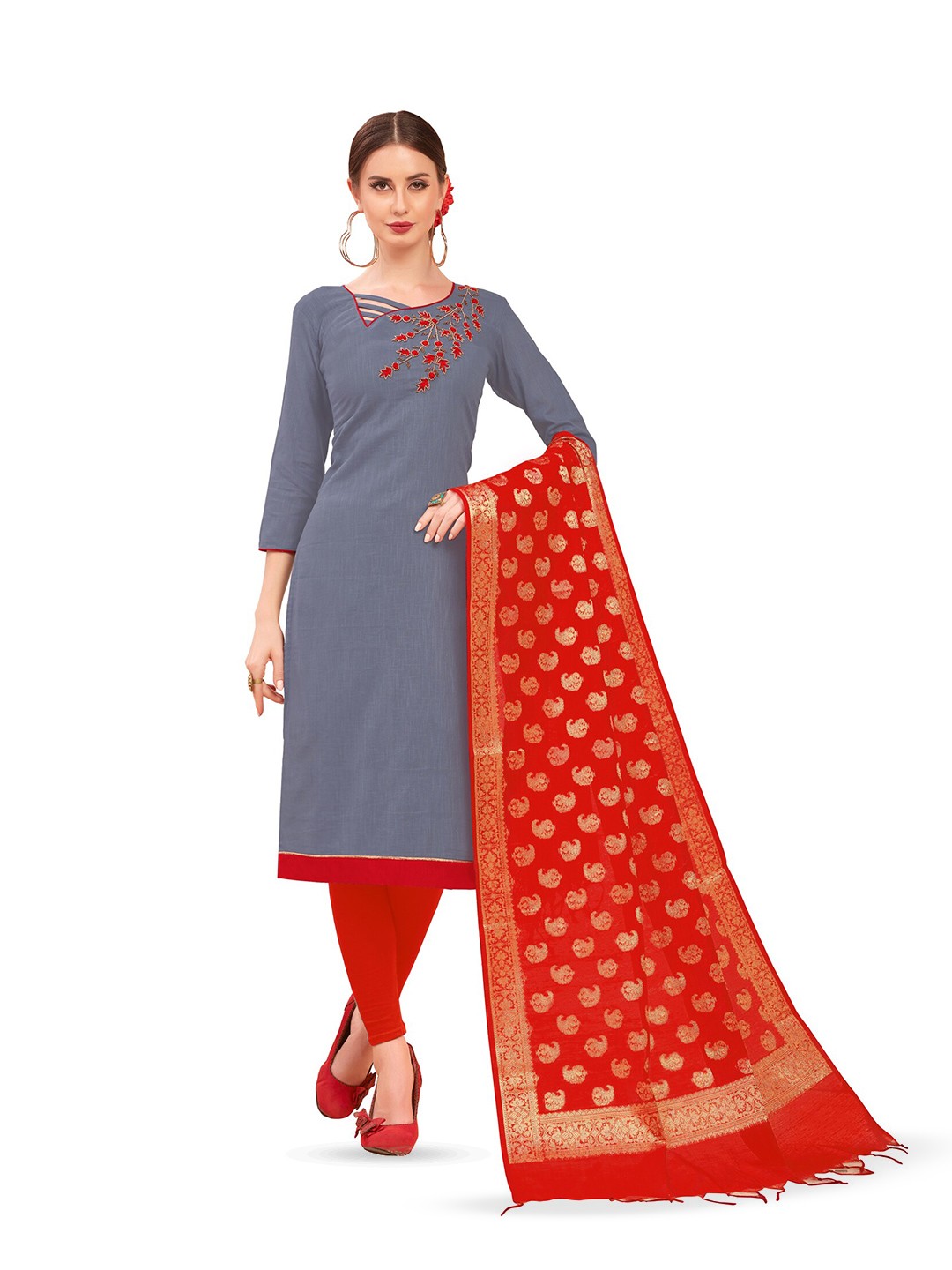 

MANVAA Floral Embroidered Unstitched Dress Material, Grey