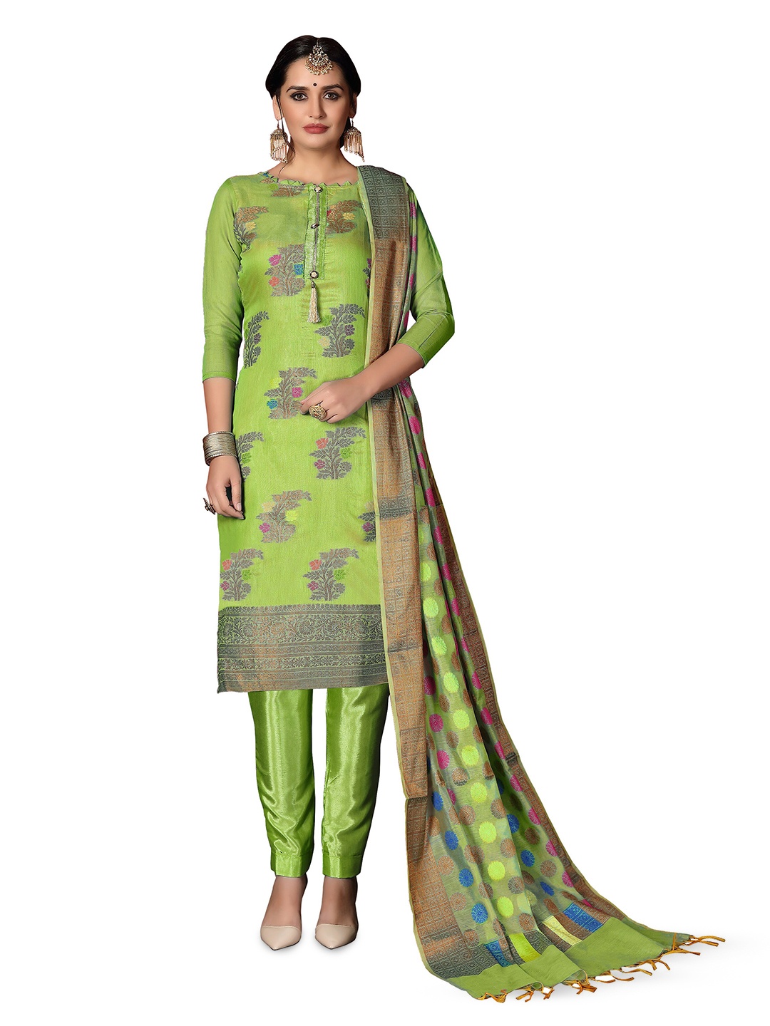 

MANVAA Ethnic Motifs Woven Design Zari Banarasi Silk Unstitched Dress Material, Green